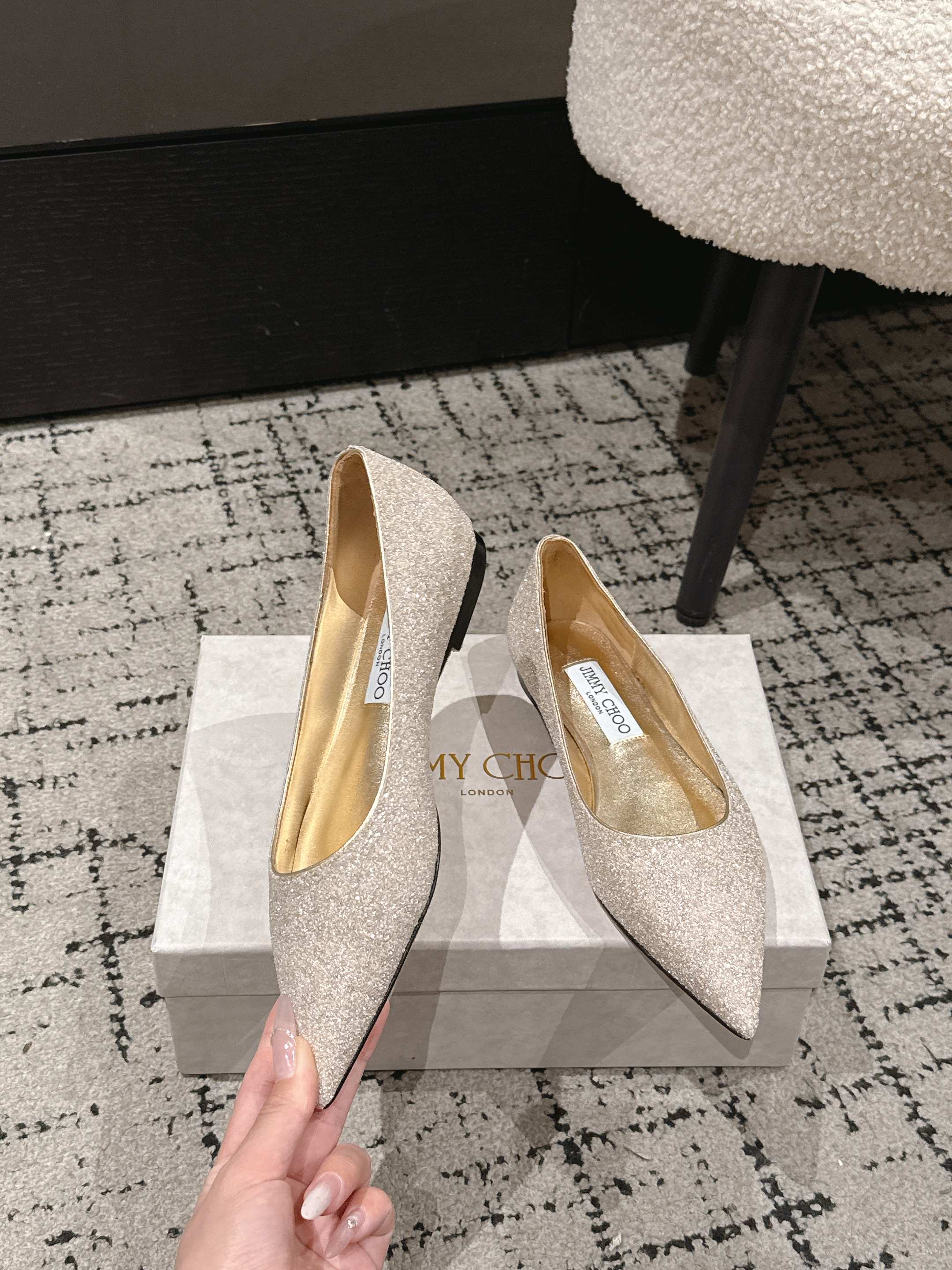 JIMMY CHOO 26S POINTED FLATS IN CHAMPAGNE GOLD GLITTER