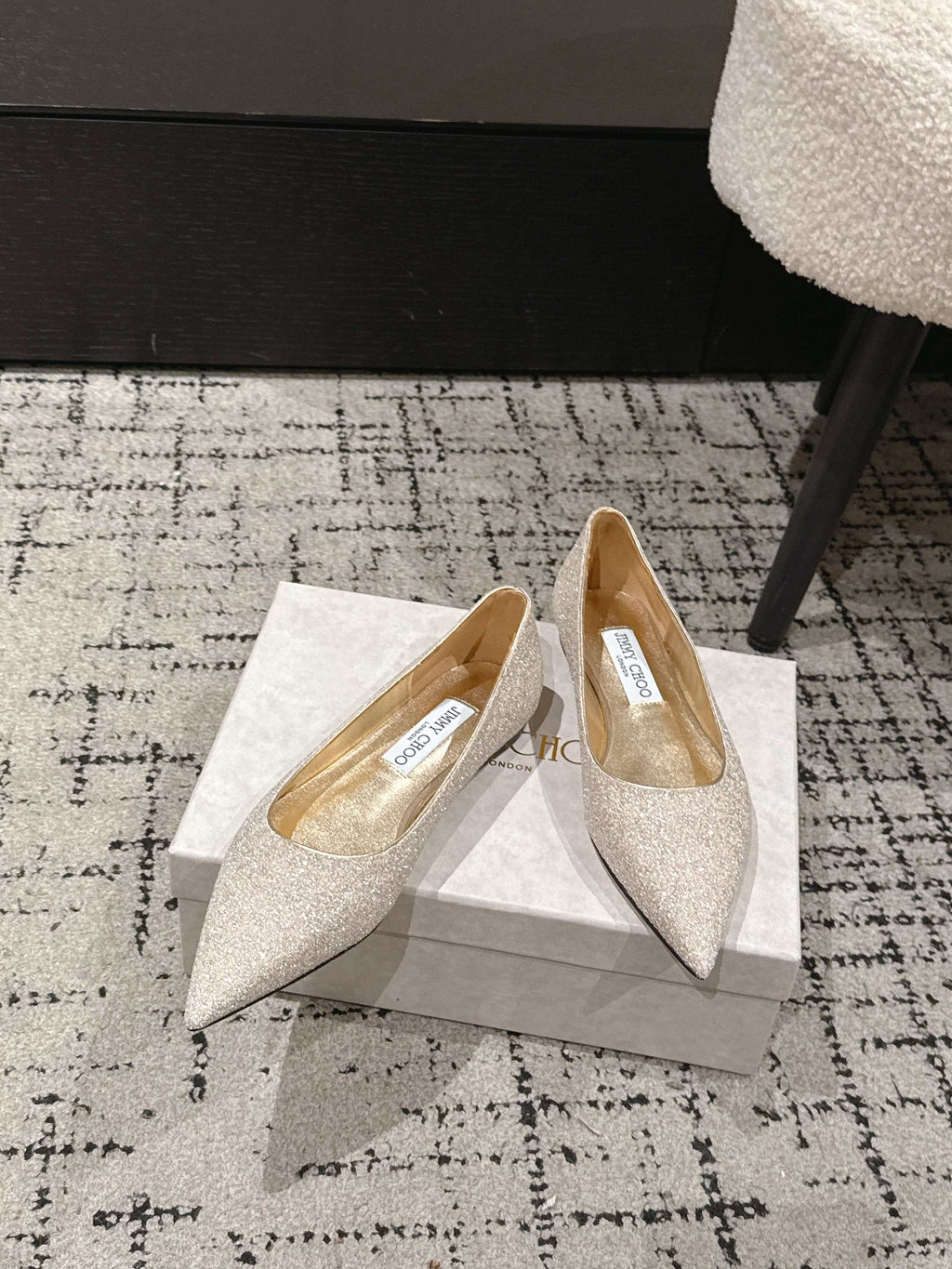 JIMMY CHOO 26S POINTED FLATS IN CHAMPAGNE GOLD GLITTER
