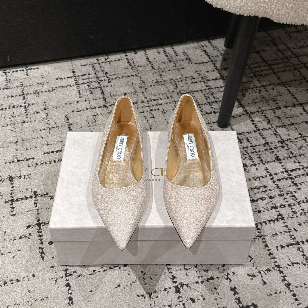 JIMMY CHOO 26S POINTED FLATS IN CHAMPAGNE GOLD GLITTER