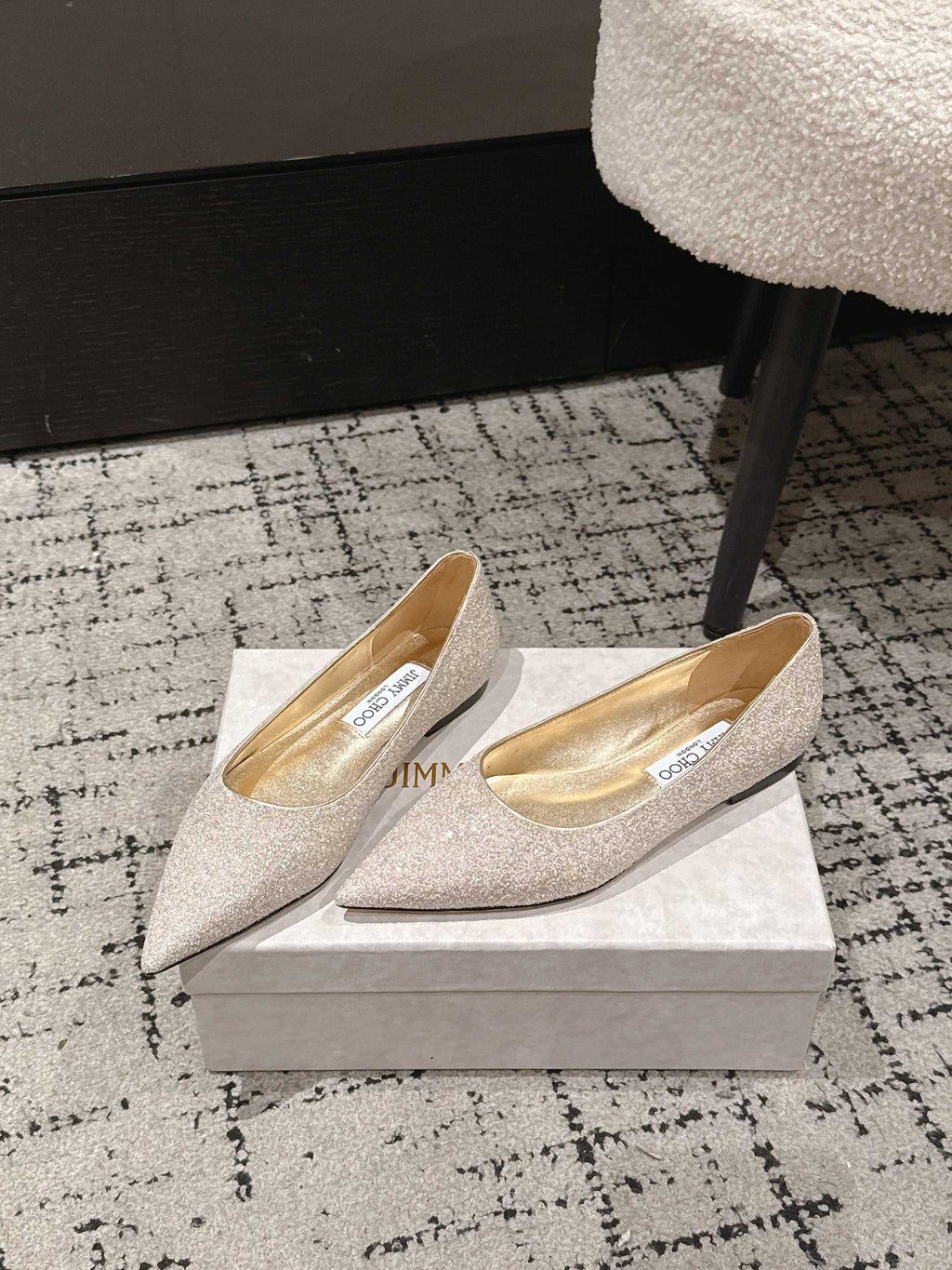 JIMMY CHOO 26S POINTED FLATS IN CHAMPAGNE GOLD GLITTER