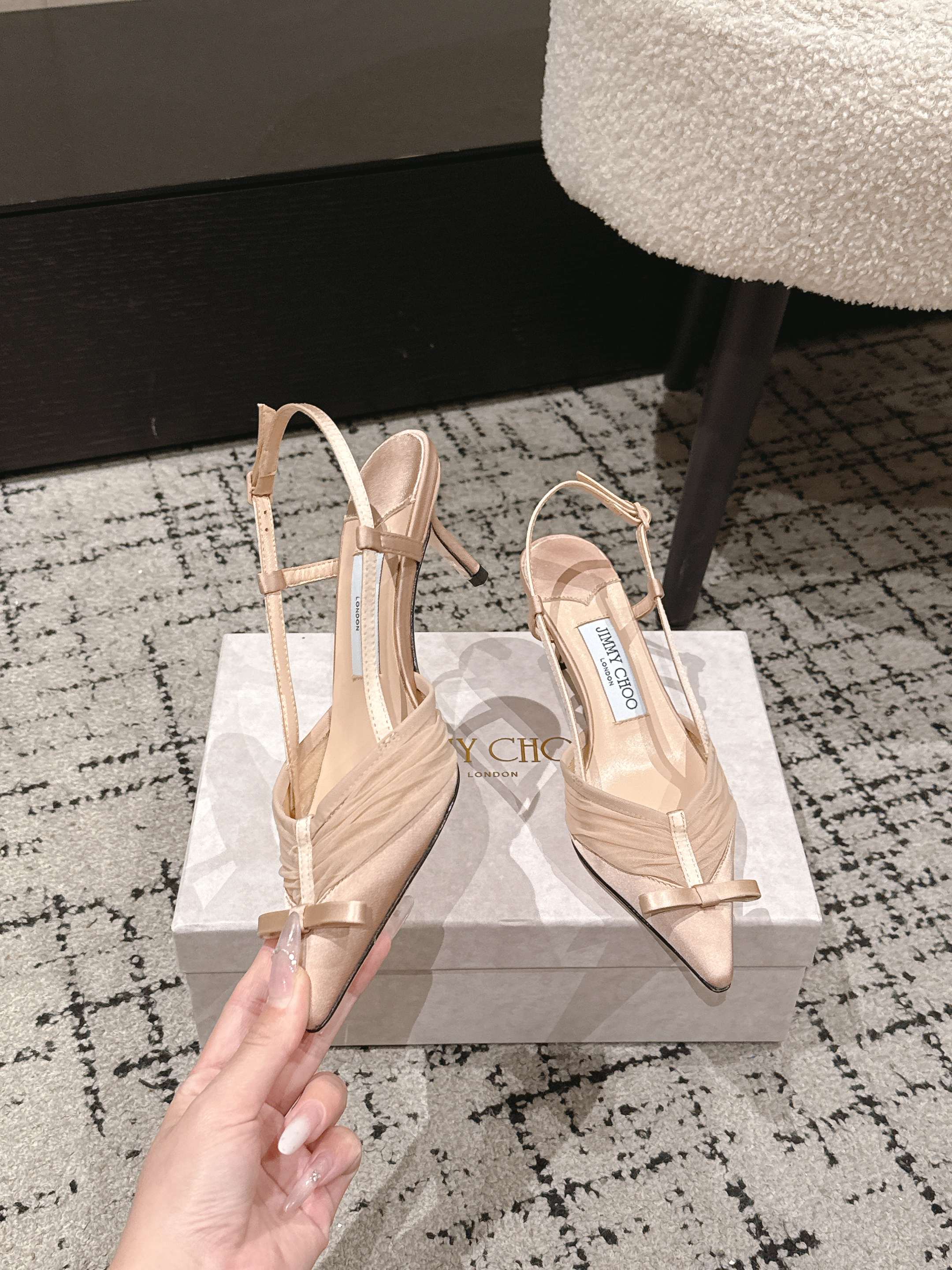 JIMMY CHOO 26S SLINGBACK HEELS 65 MM IN LIGHT NUDE PINK FABRIC