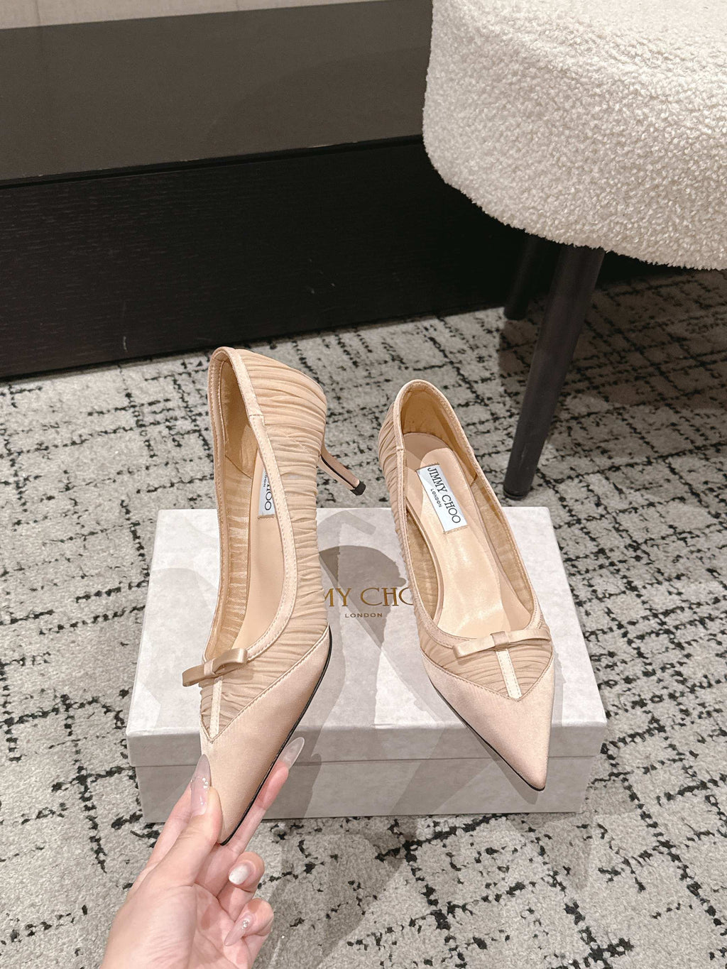 JIMMY CHOO 26S POINTED-TOE HIGH HEELS 65 MM IN LIGHT NUDE PINK FABRIC