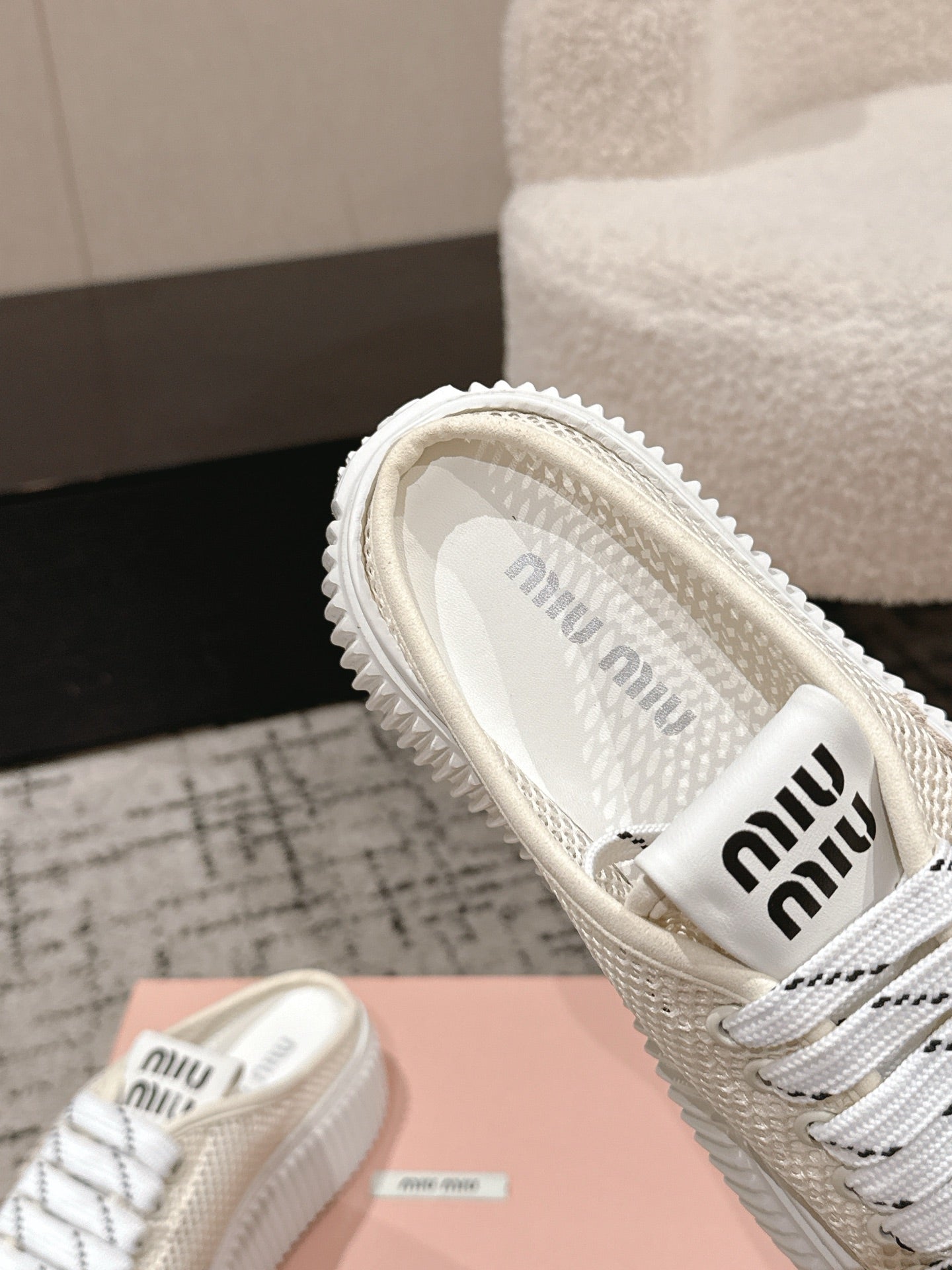 MIUMIU 26S SNEAKER MULES 45MM IN LIGHT BEIGE MESH