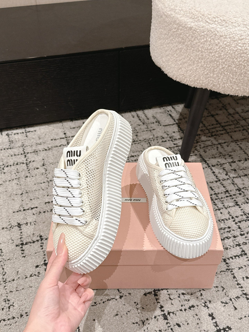 MIUMIU 26S SNEAKER MULES 45MM IN LIGHT BEIGE MESH