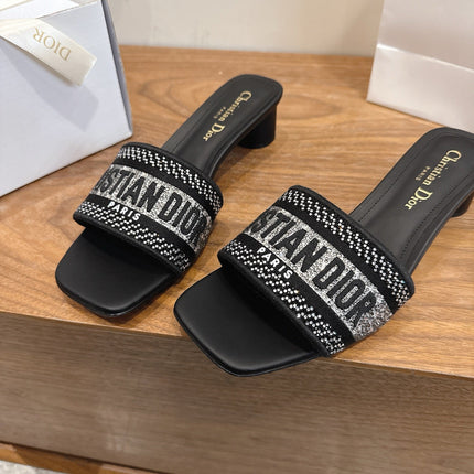 DIOR 26S DWAY HEELED SLIDE 45MM IN BLACK CRYSTAL-EMBROIDERED CANVAS
