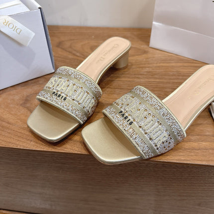 DIOR 26S DWAY HEELED SLIDE 45MM IN GOLD CRYSTAL-EMBROIDERED CANVAS