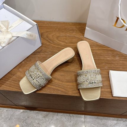 DIOR 26S DWAY HEELED SLIDE 45MM IN GOLD CRYSTAL-EMBROIDERED CANVAS