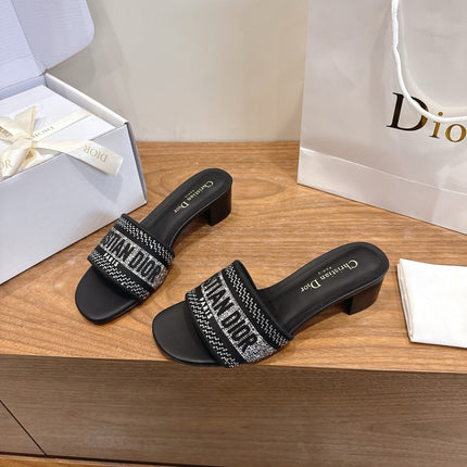 DIOR 26S BLOCK HEEL SLIDE SANDALS IN BLACK CRYSTAL-EMBROIDERED CANVAS