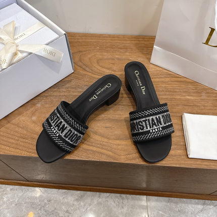 DIOR 26S BLOCK HEEL SLIDE SANDALS IN BLACK CRYSTAL-EMBROIDERED CANVAS