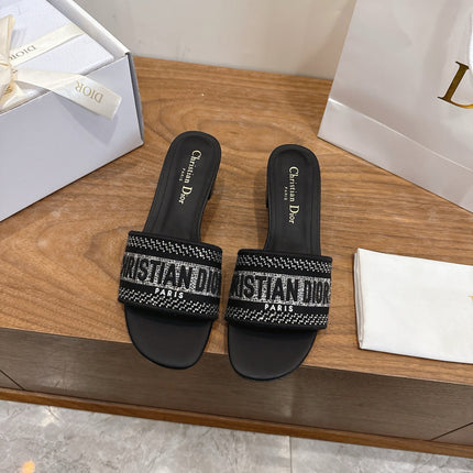 DIOR 26S BLOCK HEEL SLIDE SANDALS IN BLACK CRYSTAL-EMBROIDERED CANVAS