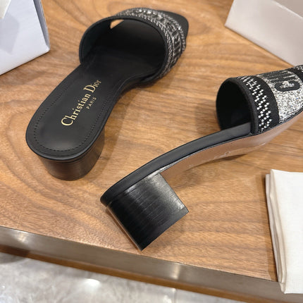 DIOR 26S BLOCK HEEL SLIDE SANDALS IN BLACK CRYSTAL-EMBROIDERED CANVAS
