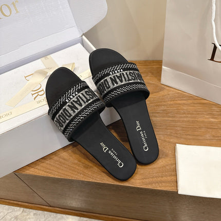 DIOR 26S FLAT SLIDE SANDALS IN BLACK CRYSTAL-EMBROIDERED CANVAS