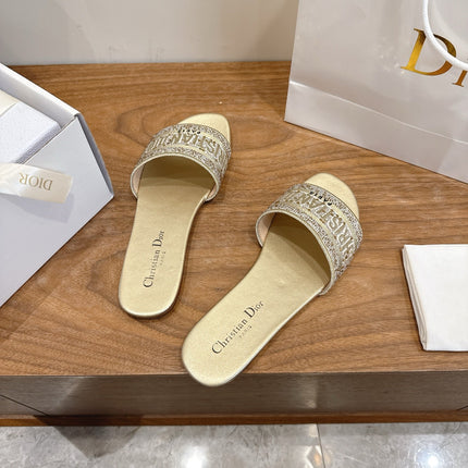 DIOR 26S FLAT SLIDE SANDALS IN GOLD CRYSTAL-EMBROIDERED CANVAS
