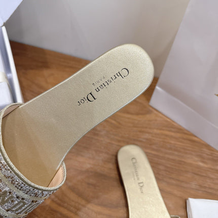 DIOR 26S FLAT SLIDE SANDALS IN GOLD CRYSTAL-EMBROIDERED CANVAS