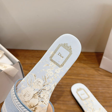 DIOR 26S FLAT SLIDE SANDALS IN LIGHT BLUE CANVAS