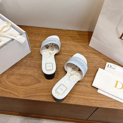 DIOR 26S BLOCK HEEL SLIDE SANDALS IN LIGHT BLUE CANVAS