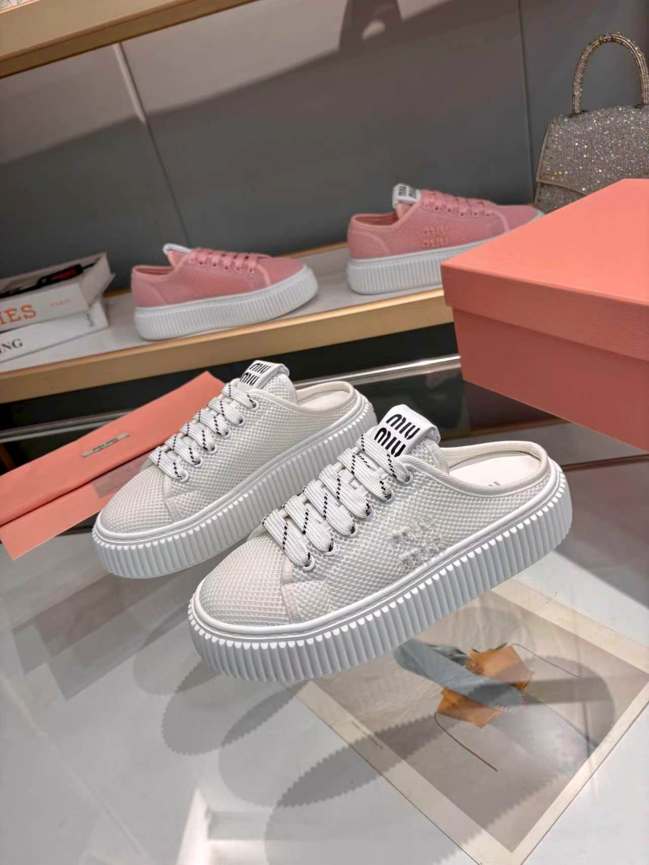 MIUMIU 26S SNEAKER MULES 45MM IN WHITE MESH