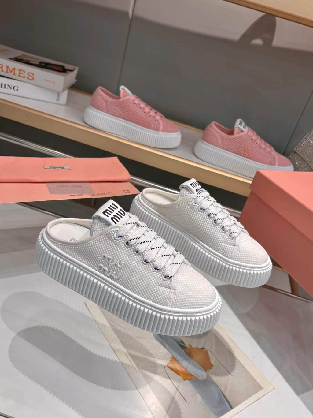MIUMIU 26S SNEAKER MULES 45MM IN WHITE MESH