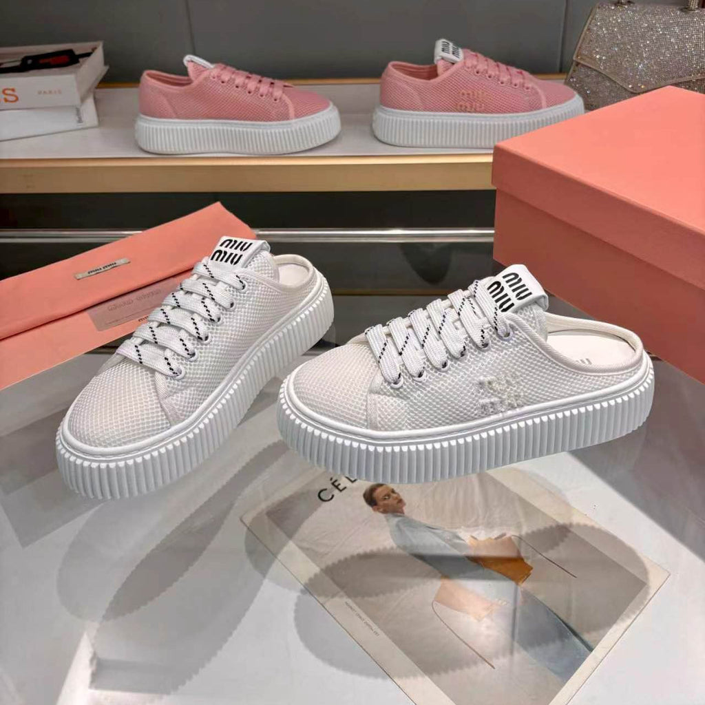 MIUMIU 26S SNEAKER MULES 45MM IN WHITE MESH