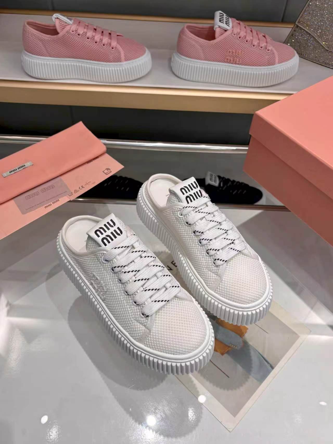 MIUMIU 26S SNEAKER MULES 45MM IN WHITE MESH