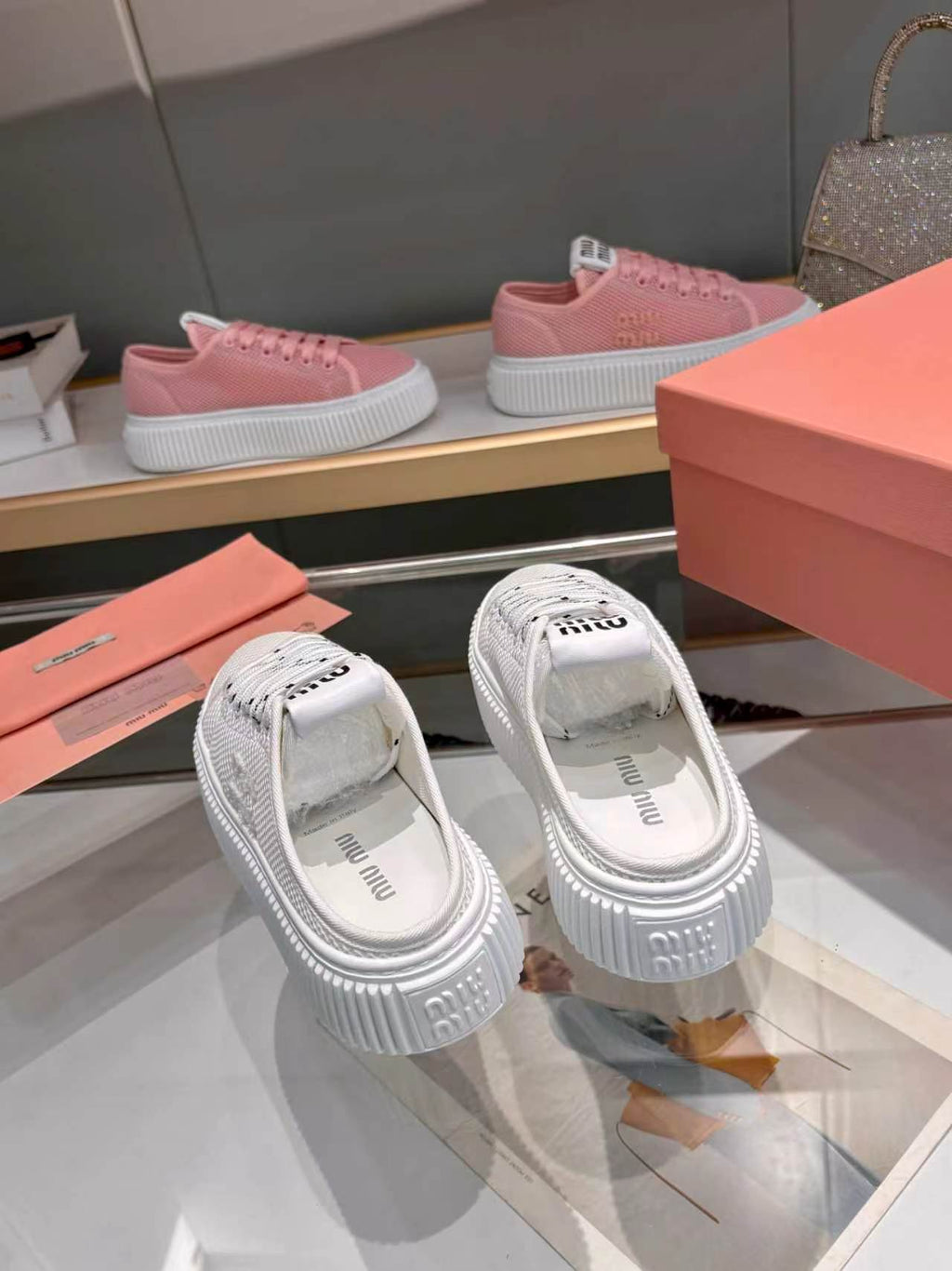 MIUMIU 26S SNEAKER MULES 45MM IN WHITE MESH