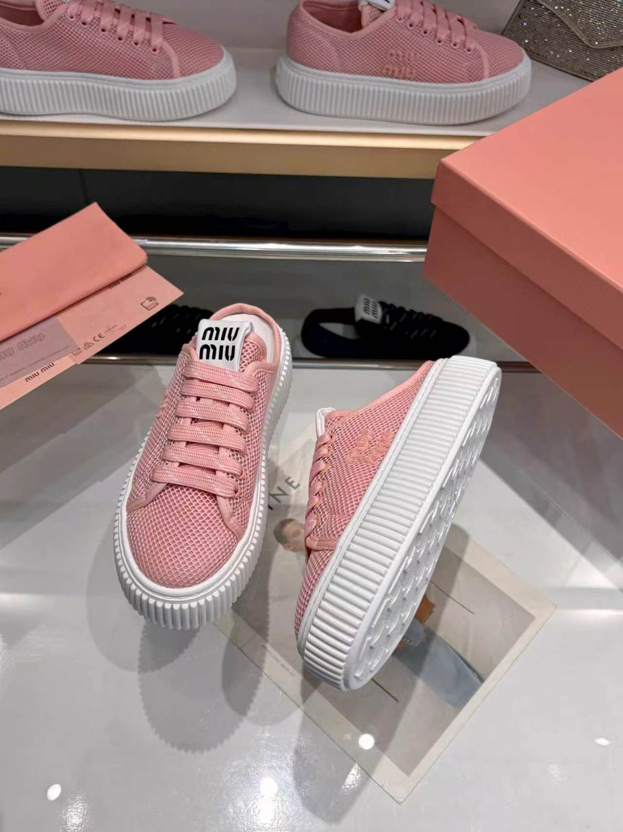MIUMIU 26S SNEAKER MULES 45MM IN PINK MESH
