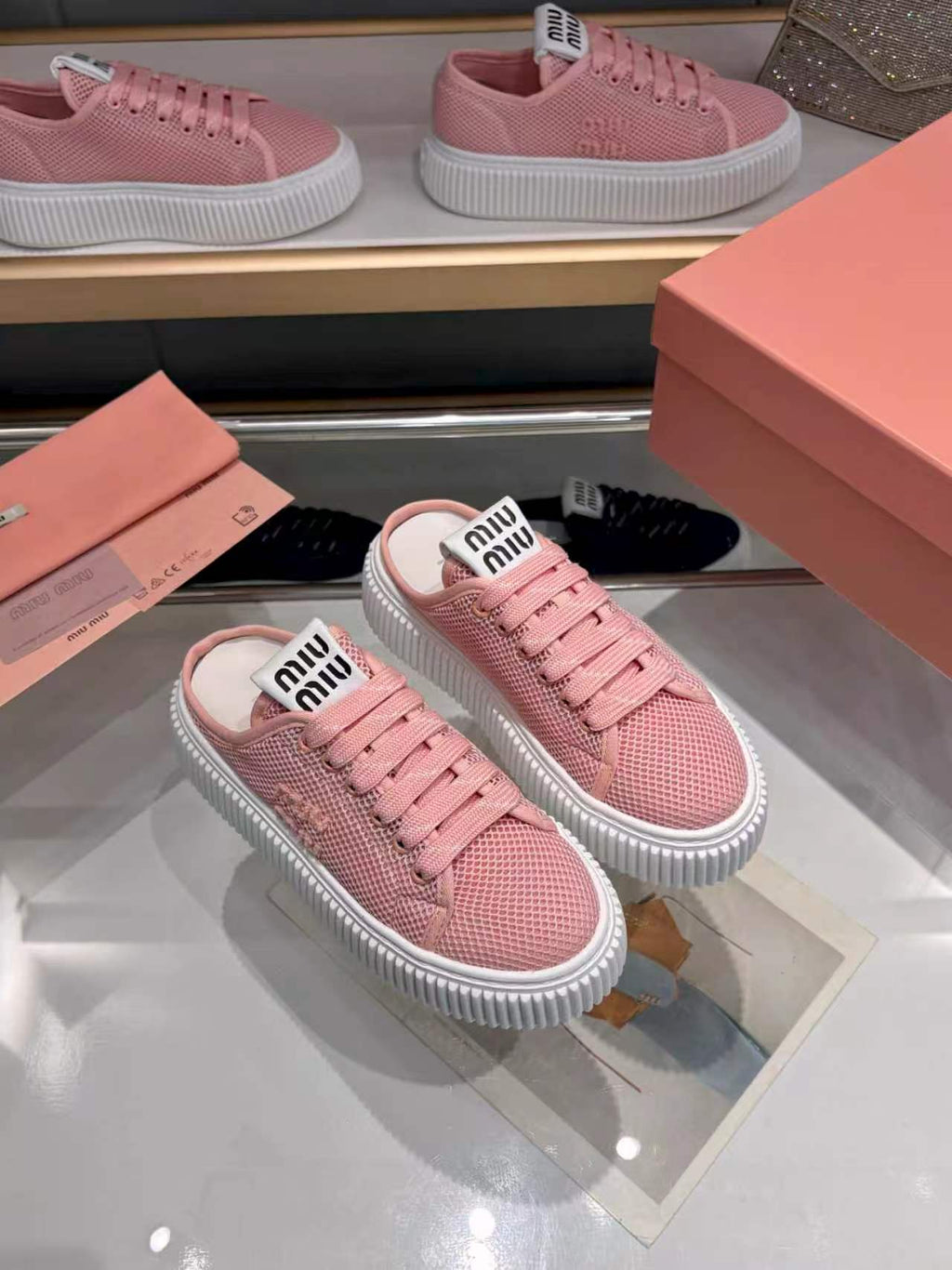 MIUMIU 26S SNEAKER MULES 45MM IN PINK MESH
