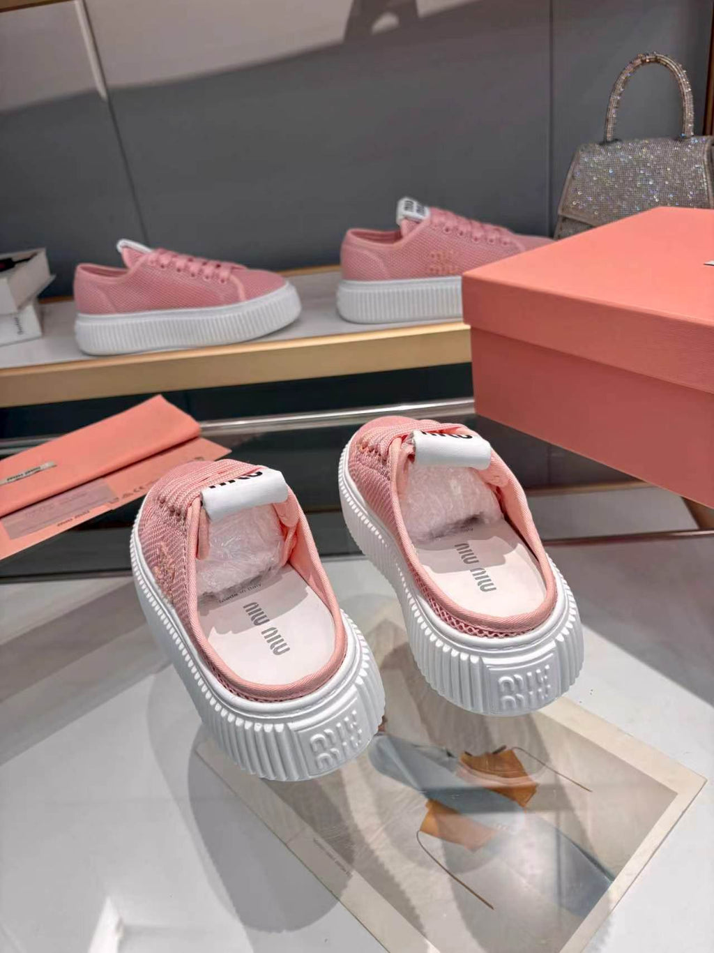 MIUMIU 26S SNEAKER MULES 45MM IN PINK MESH