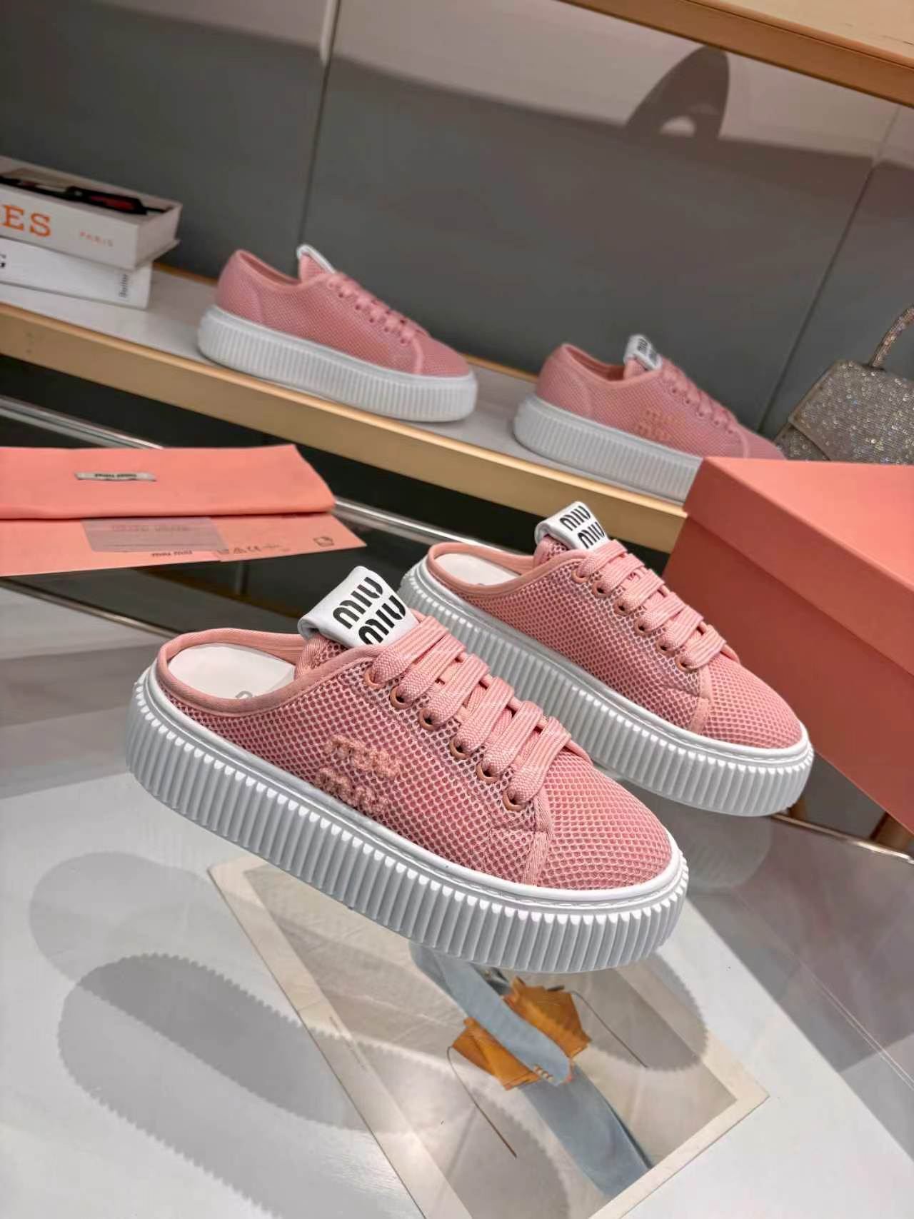 MIUMIU 26S SNEAKER MULES 45MM IN PINK MESH