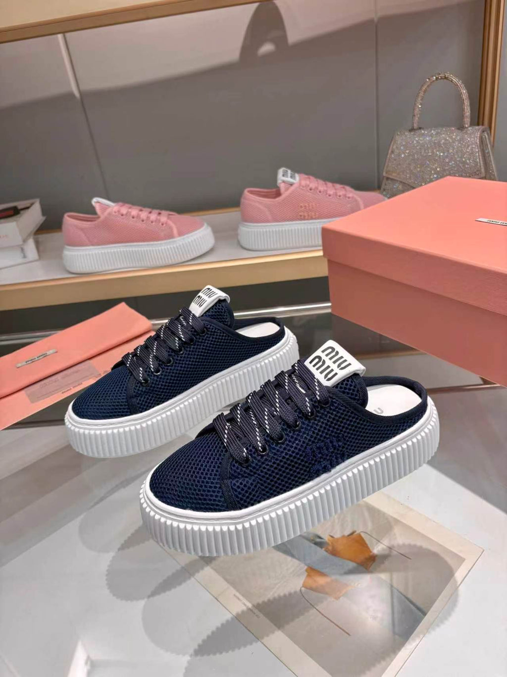 MIUMIU 26S SNEAKER MULES 45MM IN NAVY BLUE MESH