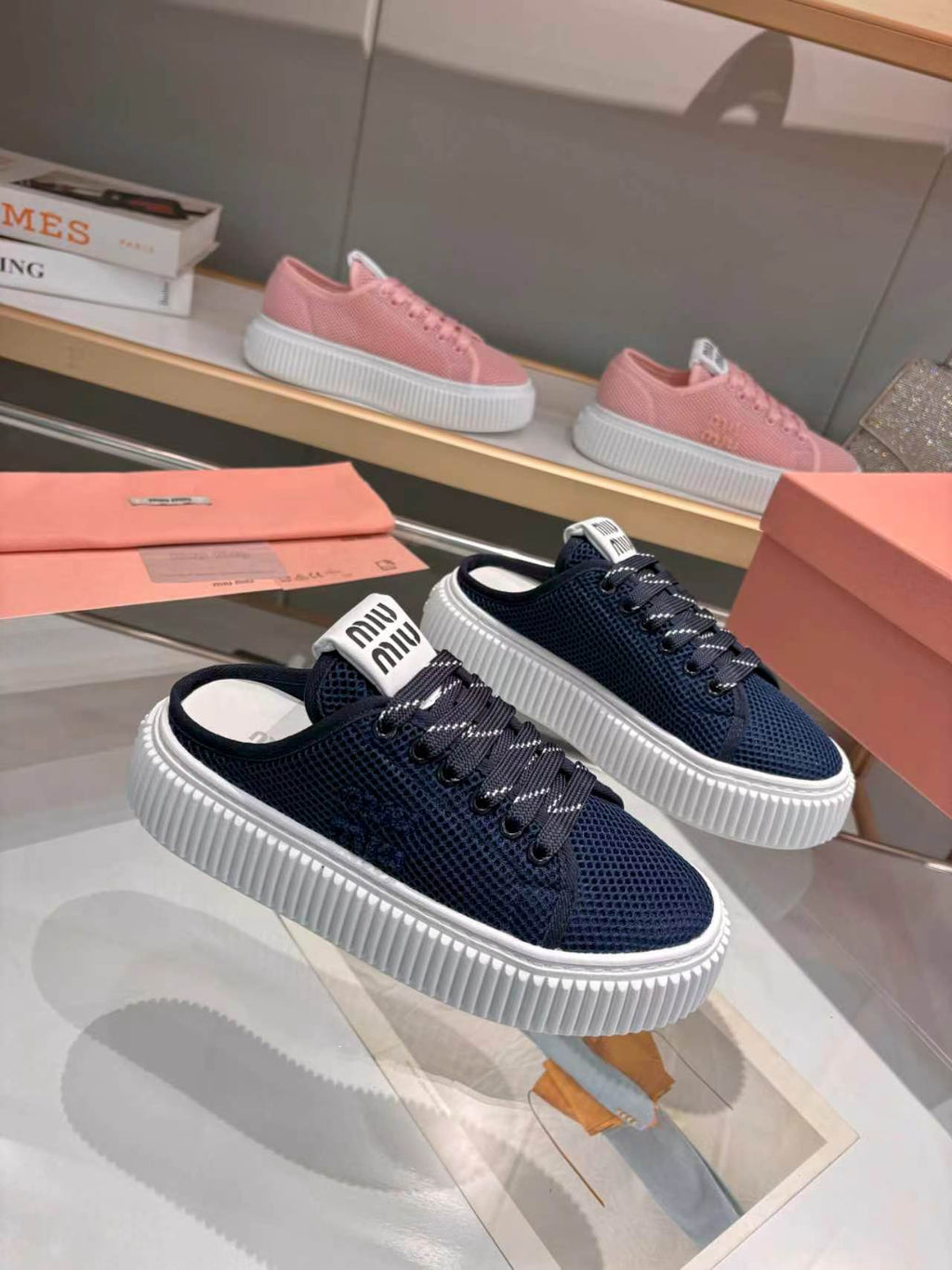 MIUMIU 26S SNEAKER MULES 45MM IN NAVY BLUE MESH