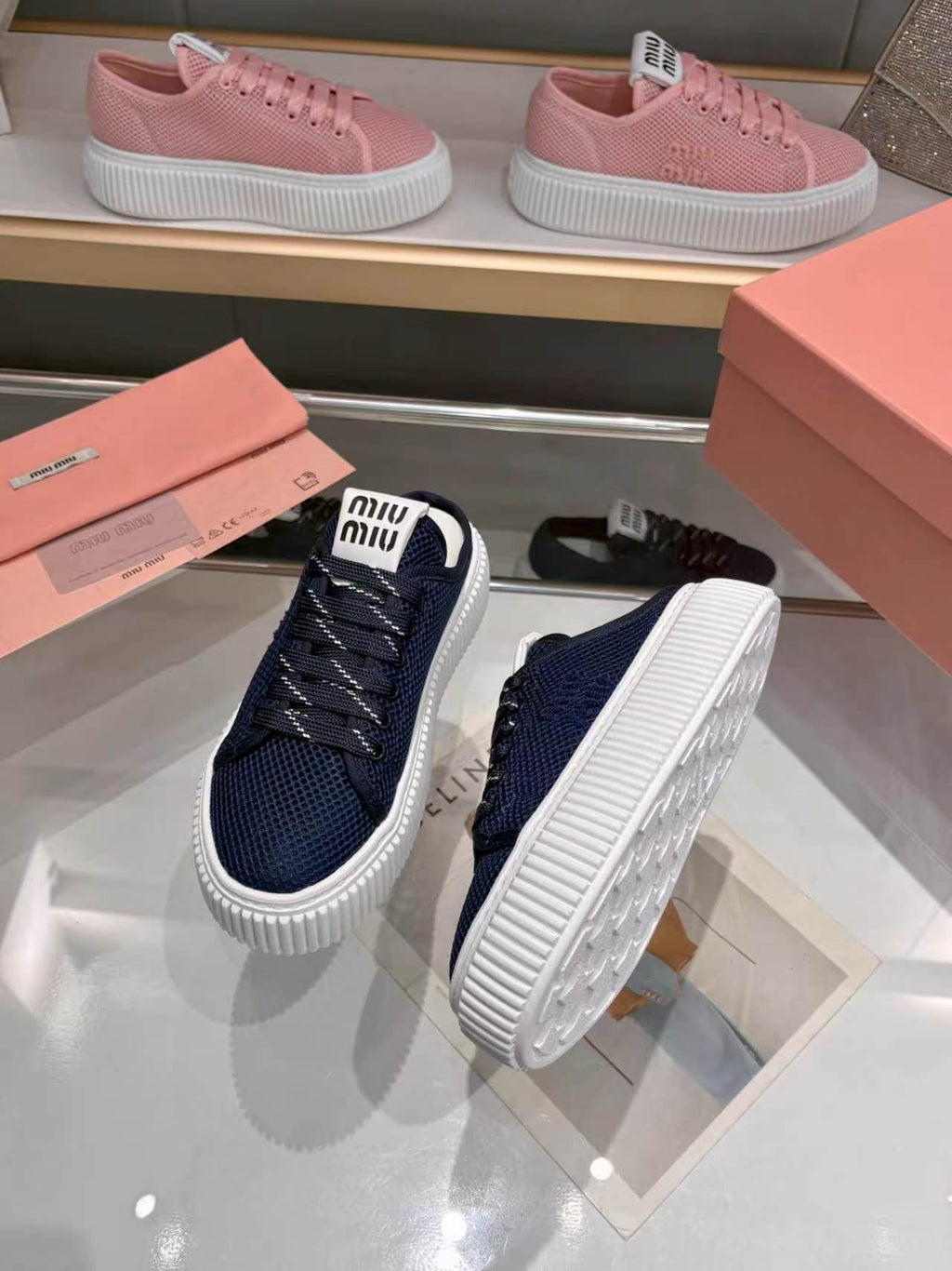 MIUMIU 26S SNEAKER MULES 45MM IN NAVY BLUE MESH