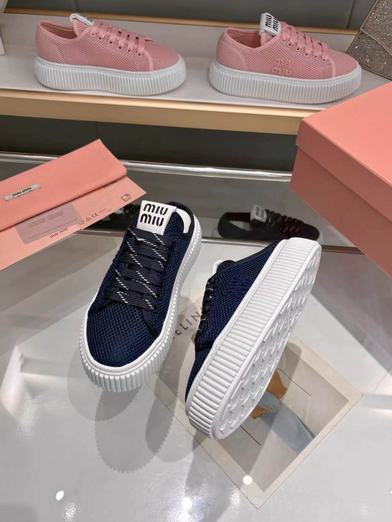 MIUMIU 26S SNEAKER MULES 45MM IN NAVY BLUE MESH