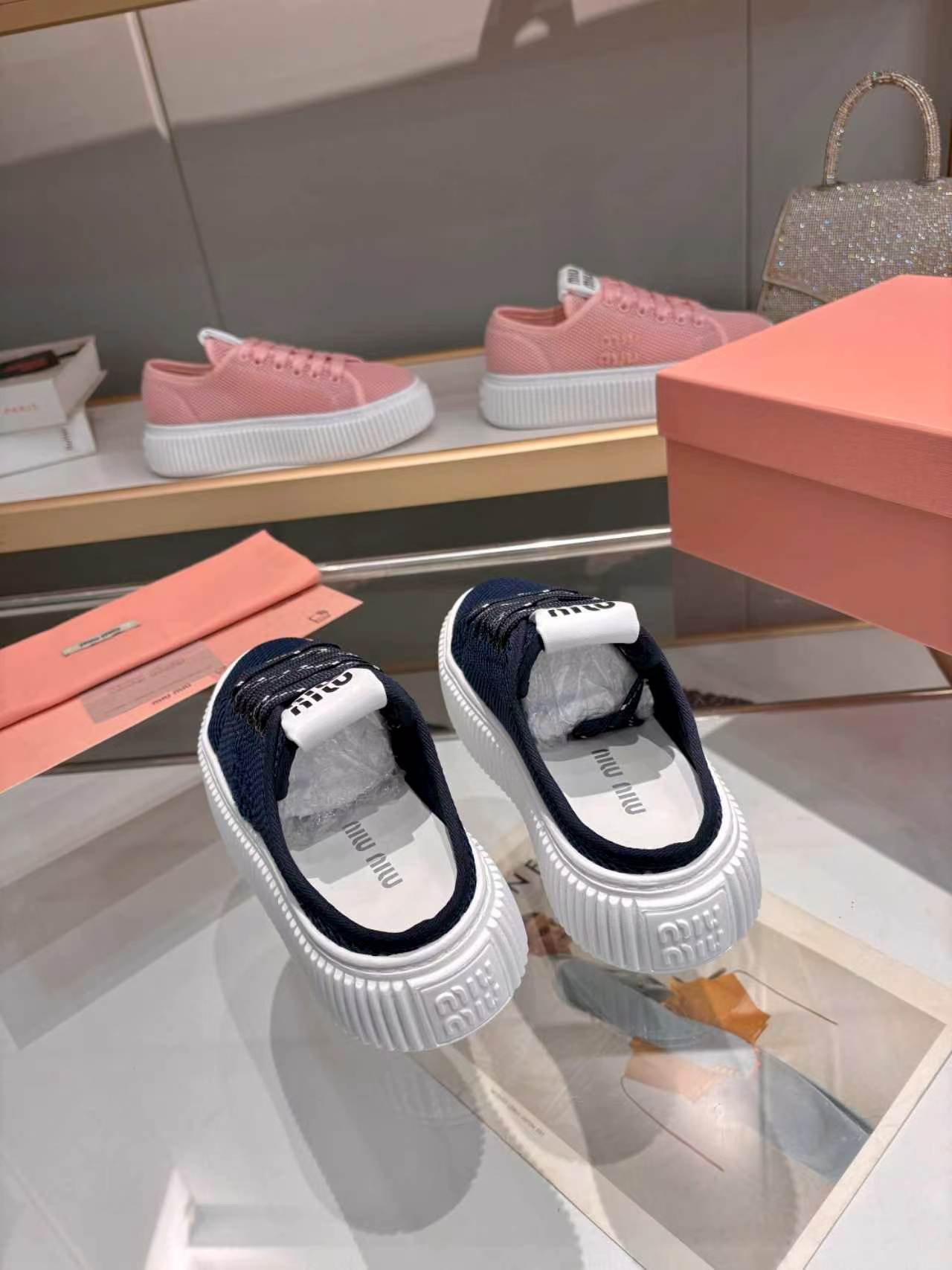 MIUMIU 26S SNEAKER MULES 45MM IN NAVY BLUE MESH