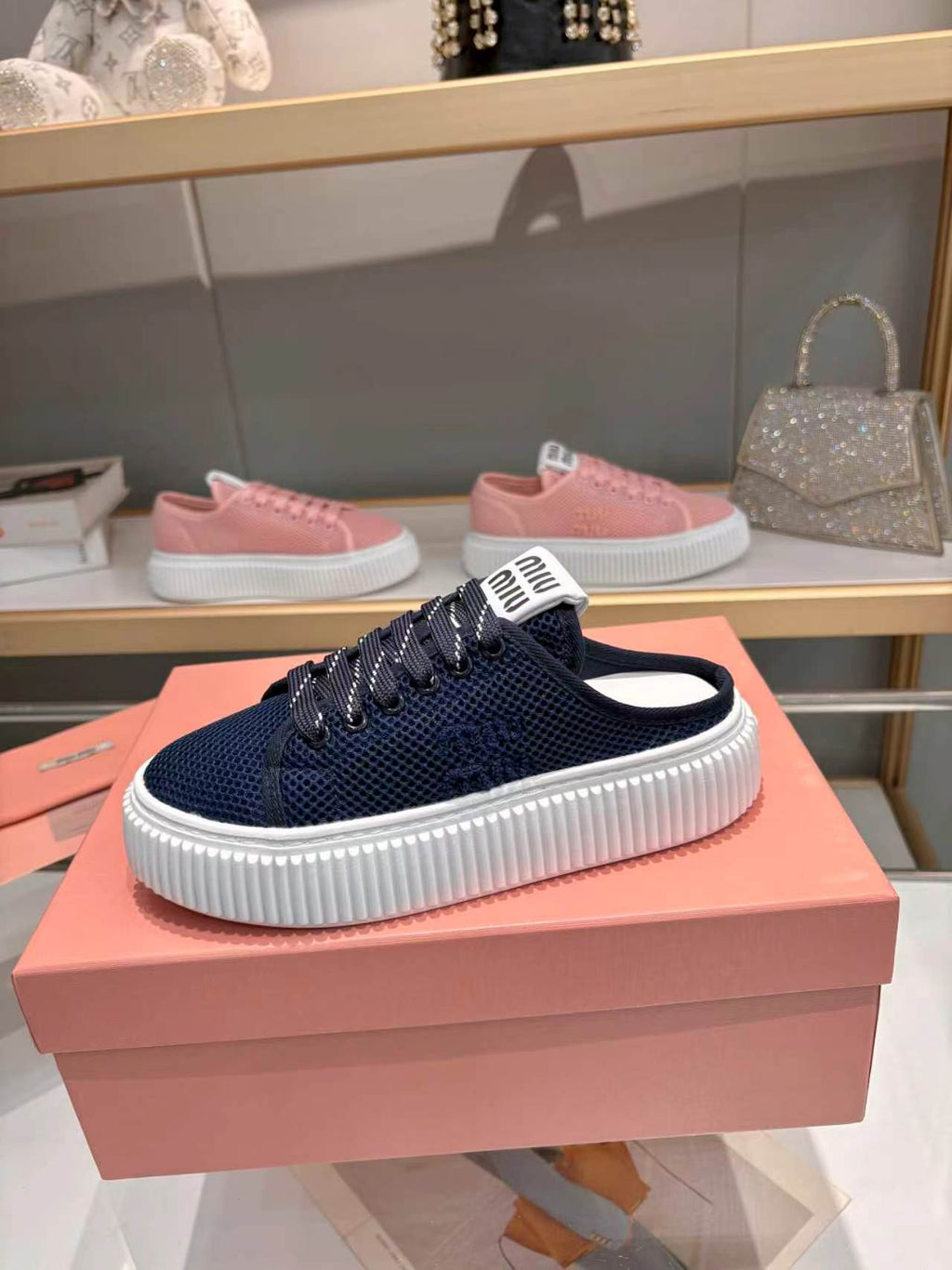 MIUMIU 26S SNEAKER MULES 45MM IN NAVY BLUE MESH