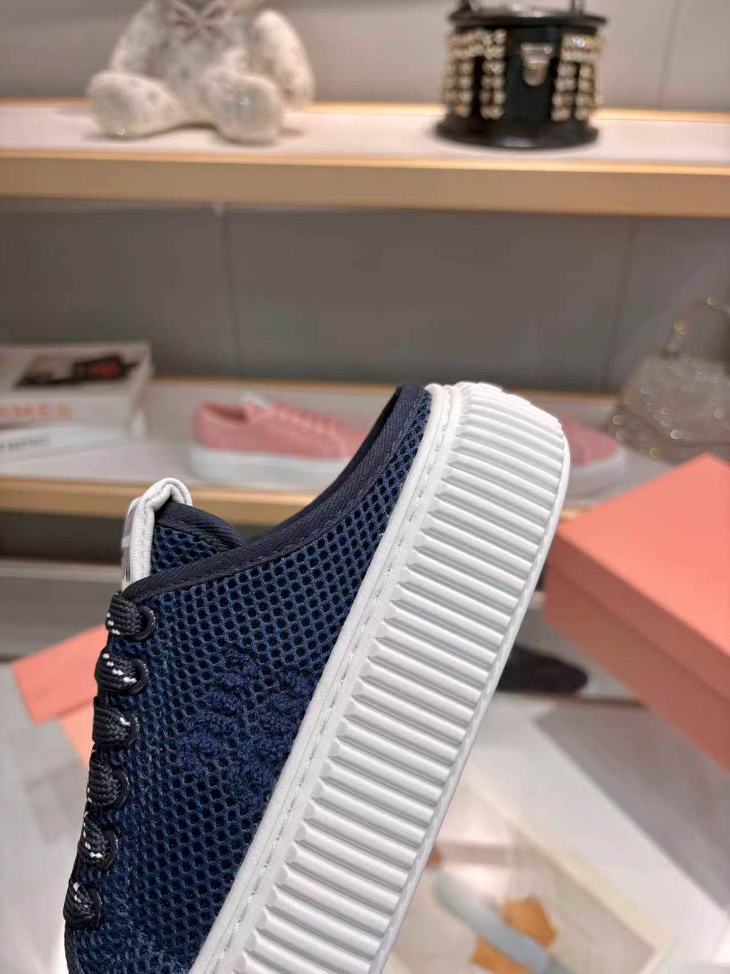 MIUMIU 26S SNEAKER MULES 45MM IN NAVY BLUE MESH