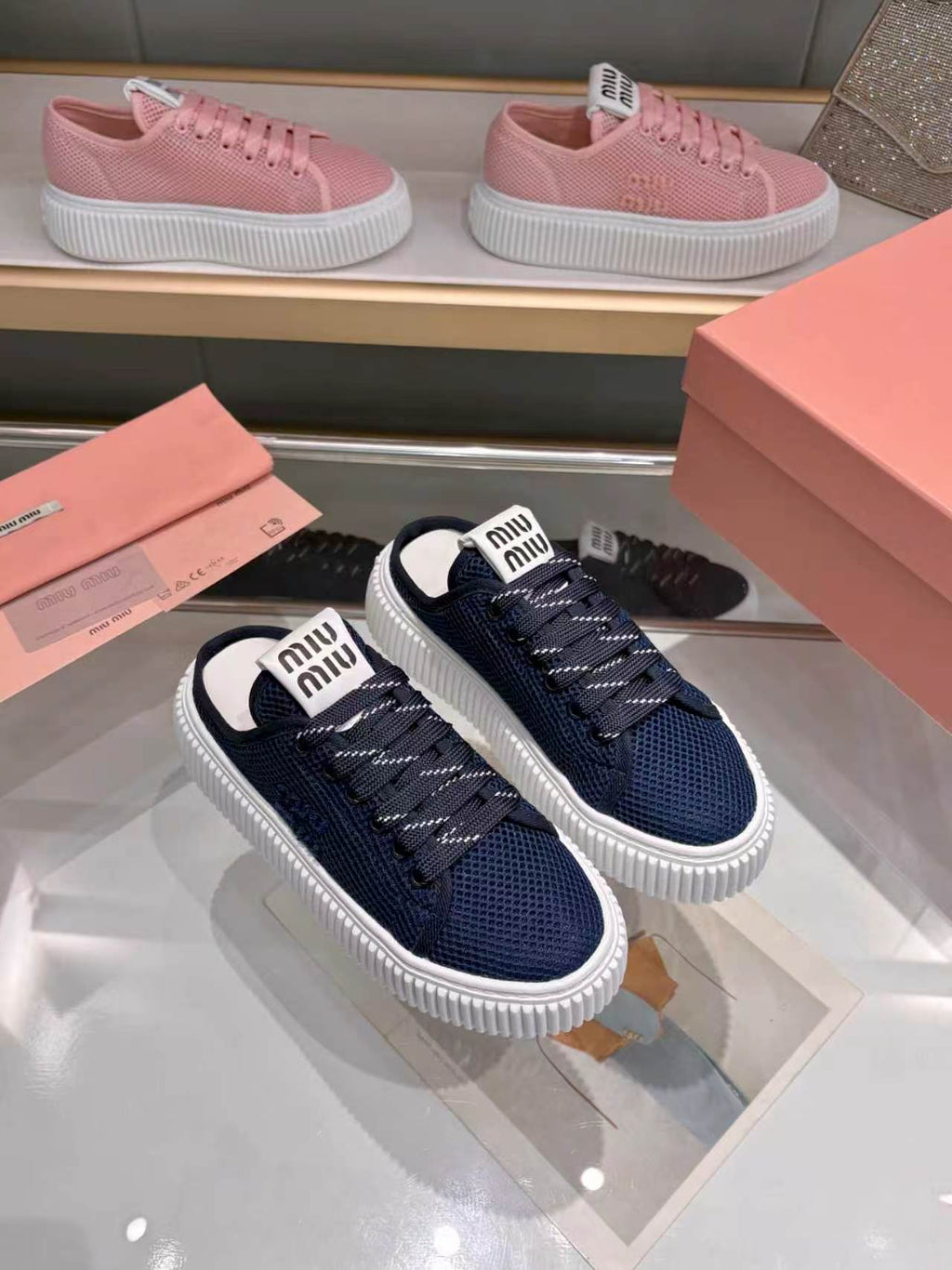 MIUMIU 26S SNEAKER MULES 45MM IN NAVY BLUE MESH