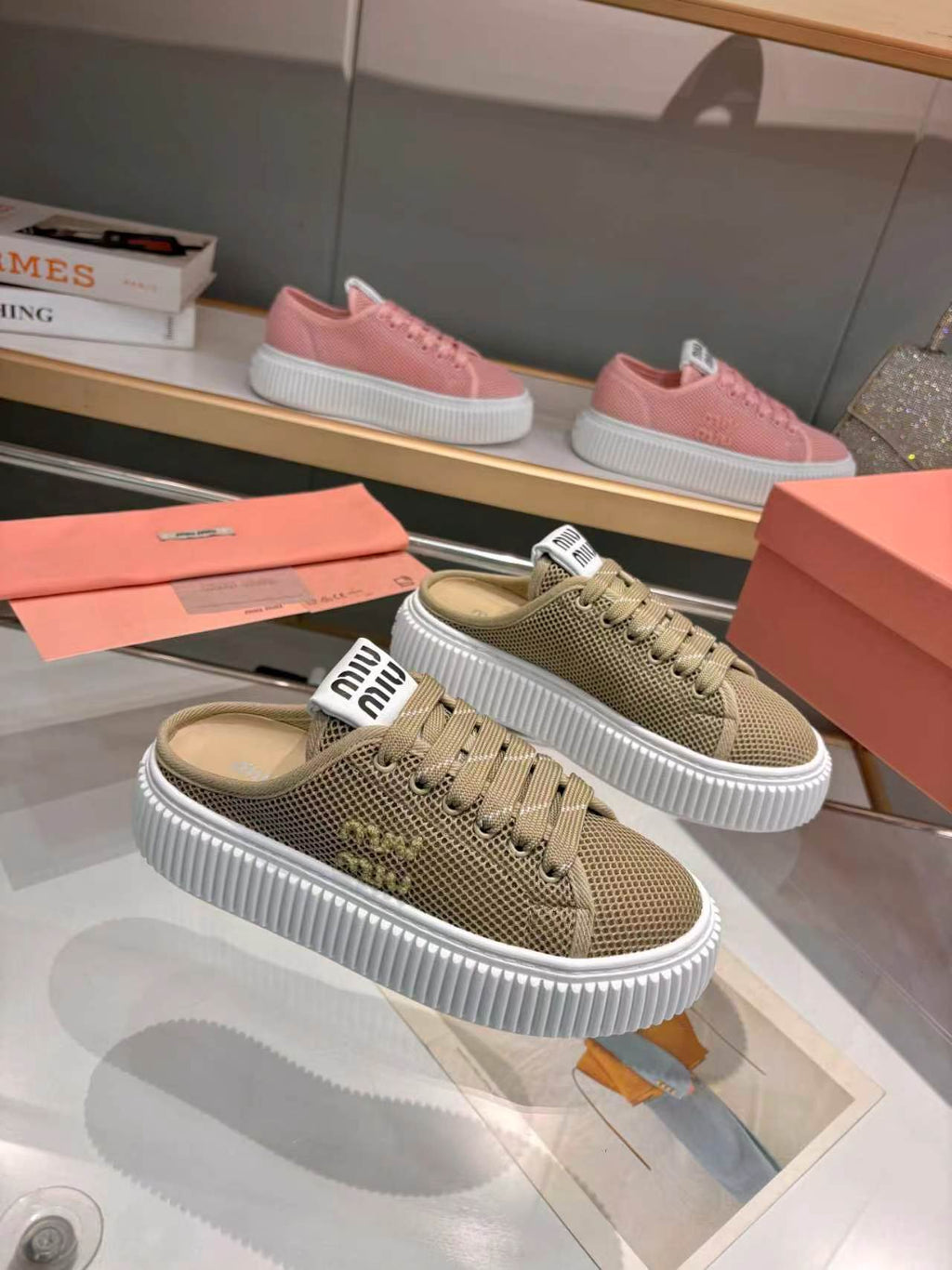 MIUMIU 26S SNEAKER MULES 45MM IN OLIVE GREEN MESH