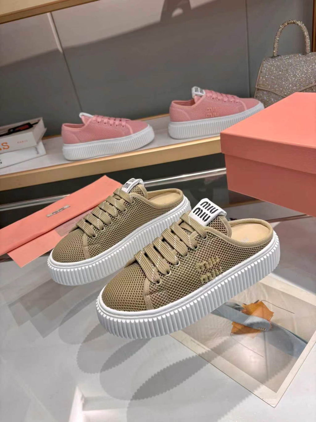 MIUMIU 26S SNEAKER MULES 45MM IN OLIVE GREEN MESH