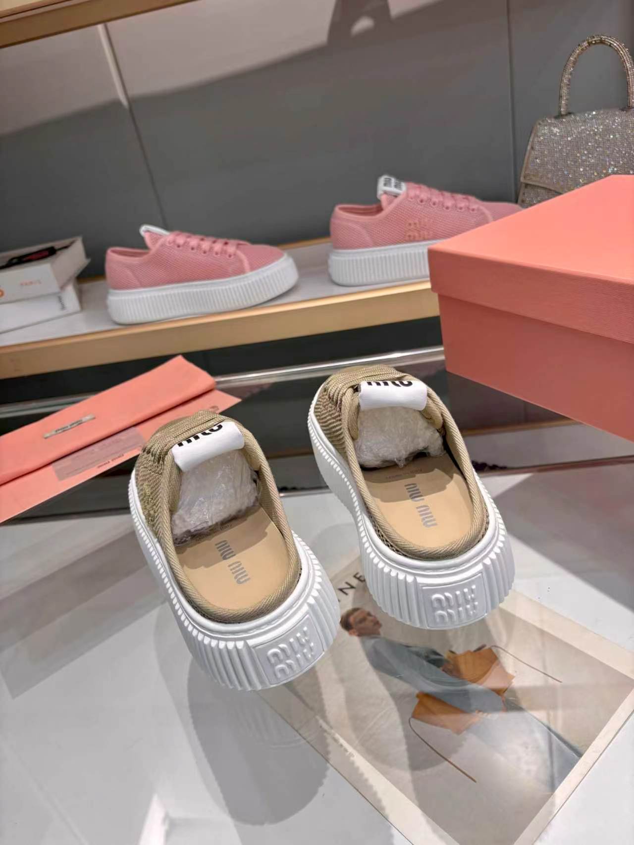 MIUMIU 26S SNEAKER MULES 45MM IN OLIVE GREEN MESH
