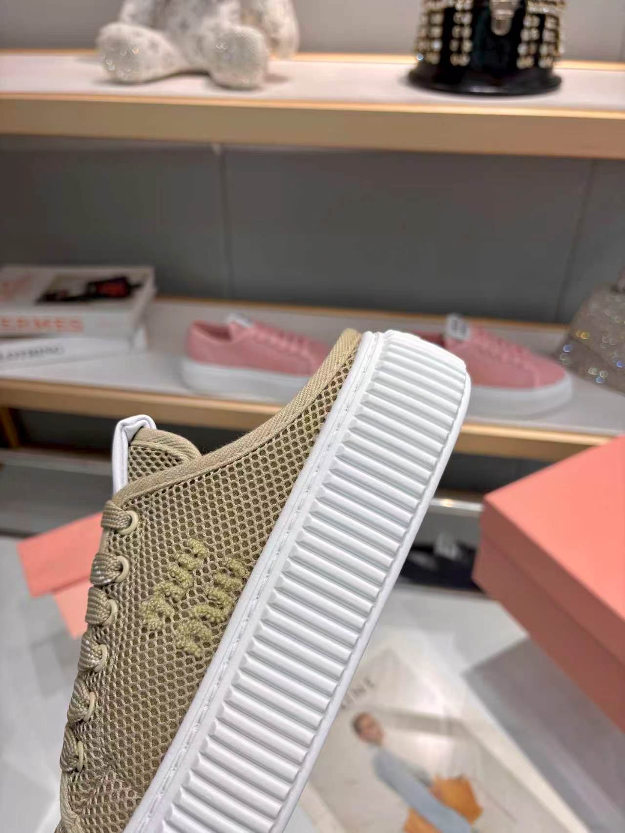 MIUMIU 26S SNEAKER MULES 45MM IN OLIVE GREEN MESH