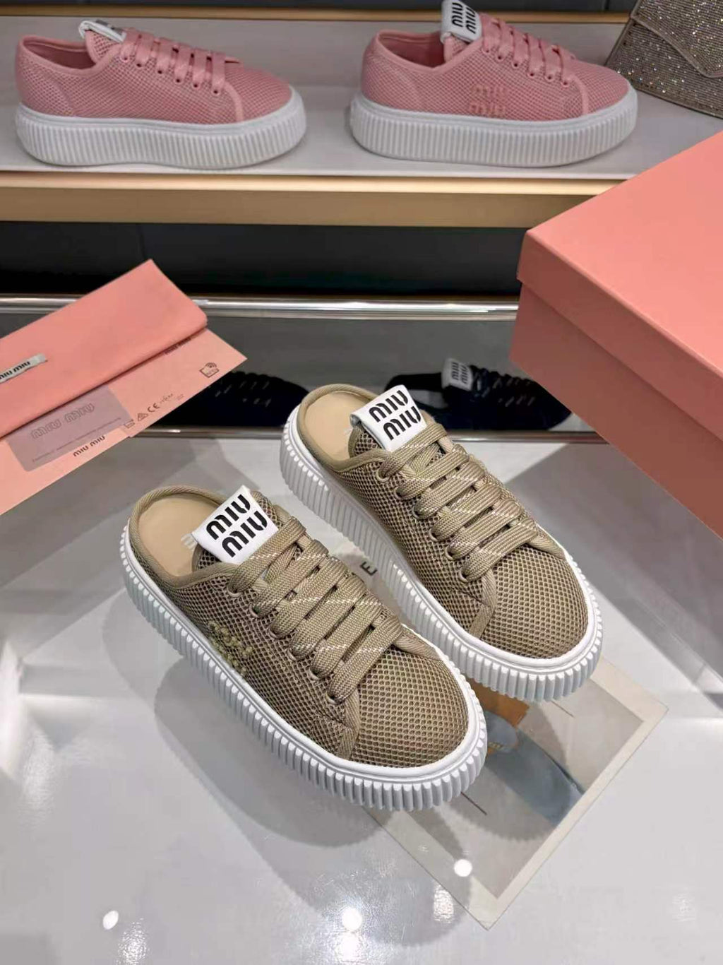 MIUMIU 26S SNEAKER MULES 45MM IN OLIVE GREEN MESH