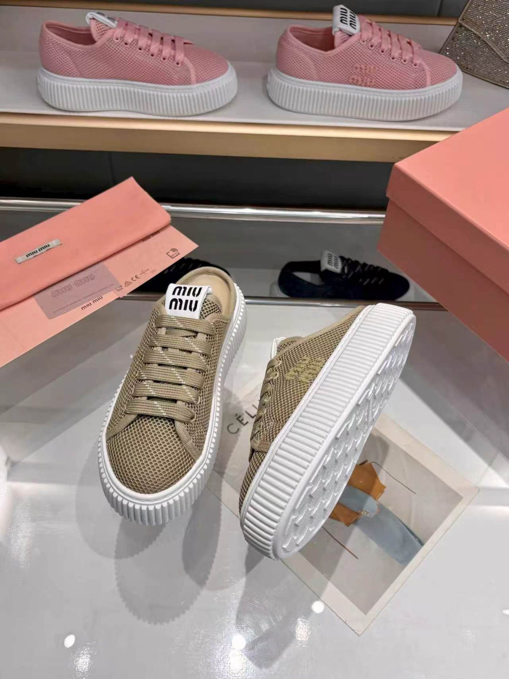 MIUMIU 26S SNEAKER MULES 45MM IN OLIVE GREEN MESH