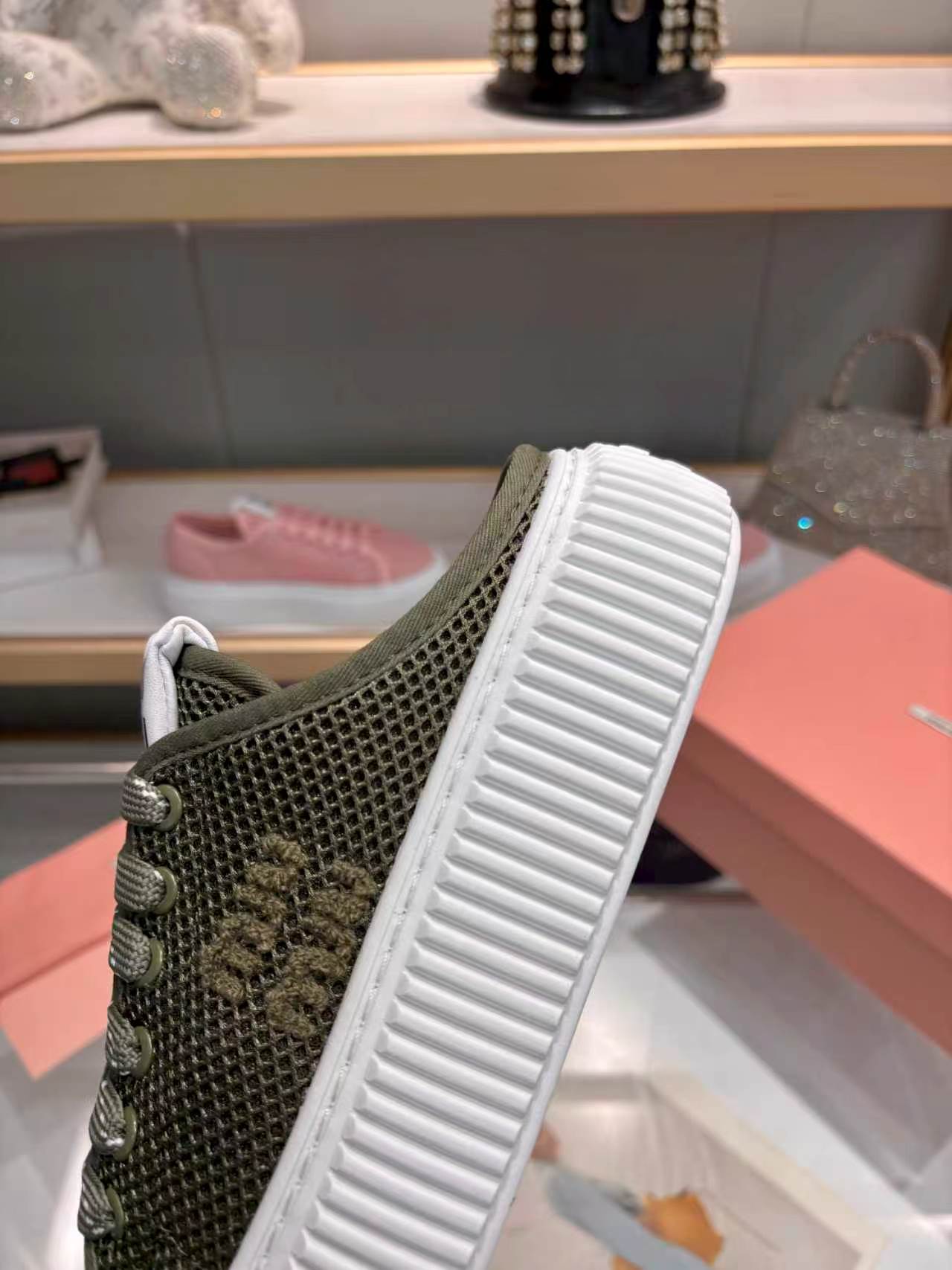 MIUMIU 26S SNEAKER MULES 45MM IN DARK OLIVE GREEN MESH