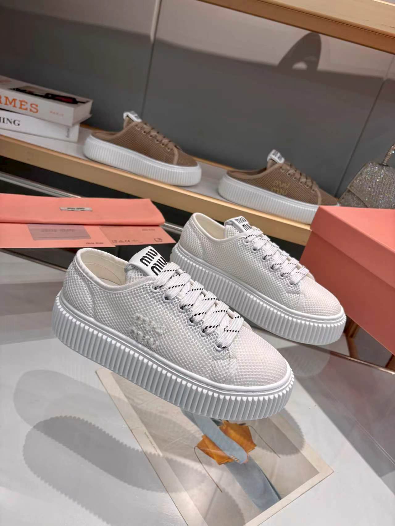 MIUMIU 26S SNEAKER 45MM IN WHITE MESH FABRIC