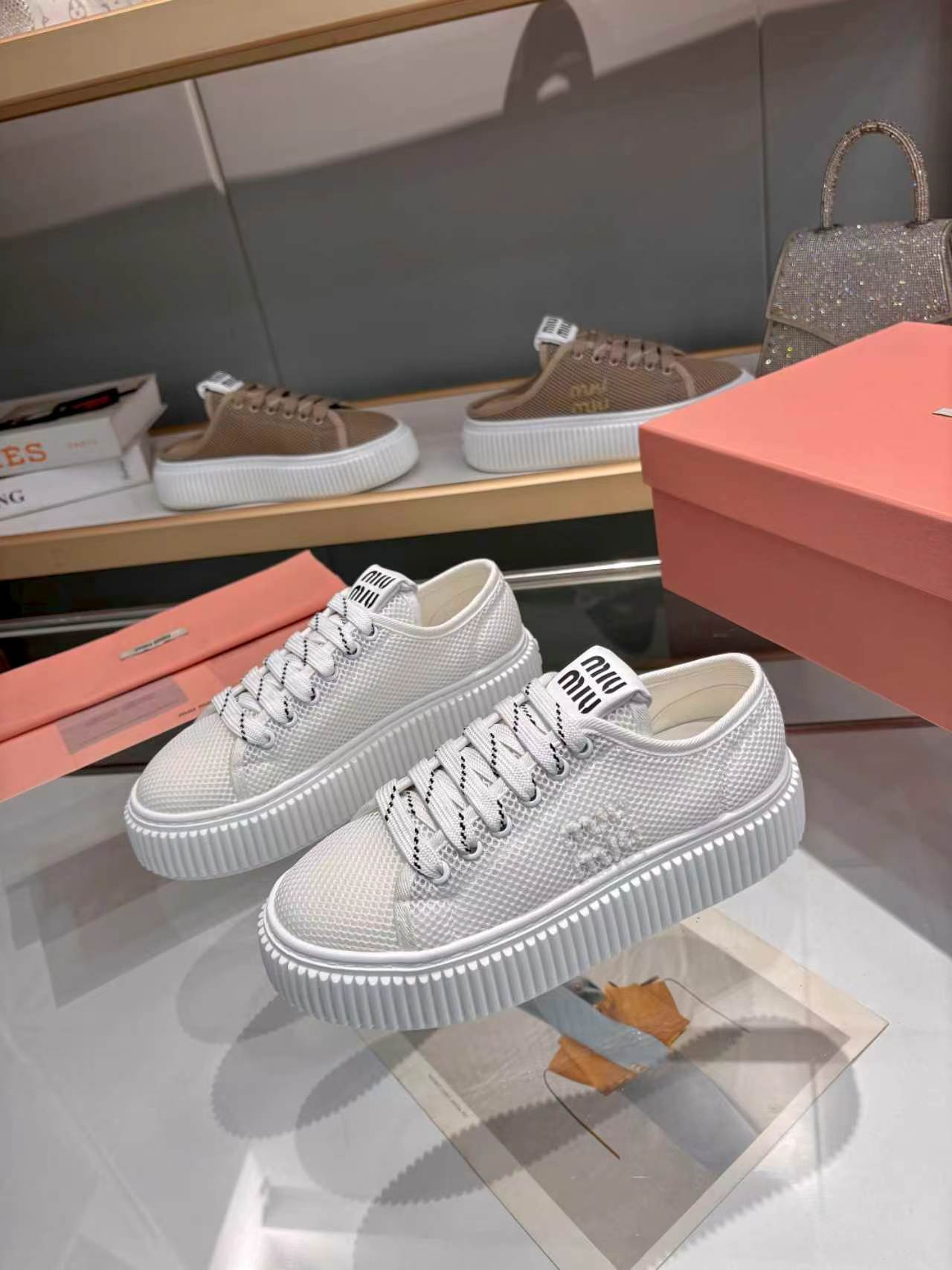 MIUMIU 26S SNEAKER 45MM IN WHITE MESH FABRIC