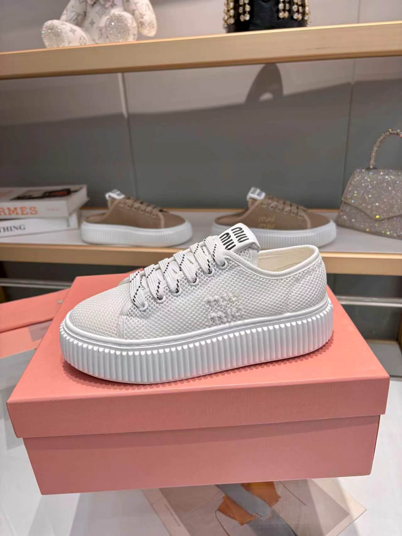 MIUMIU 26S SNEAKER 45MM IN WHITE MESH FABRIC