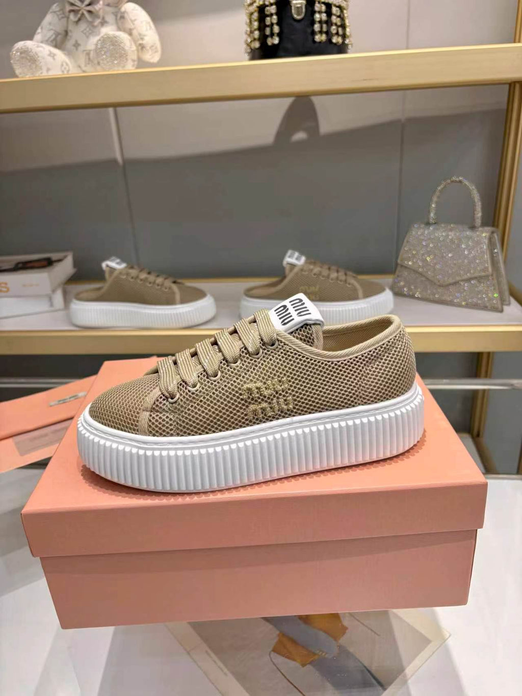 MIUMIU 26S SNEAKER 45MM IN OLIVE GREEN MESH FABRIC