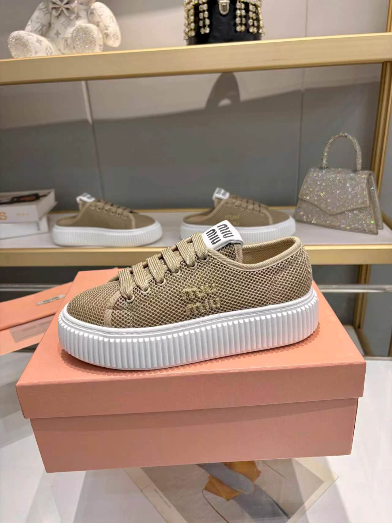 MIUMIU 26S SNEAKER 45MM IN OLIVE GREEN MESH FABRIC