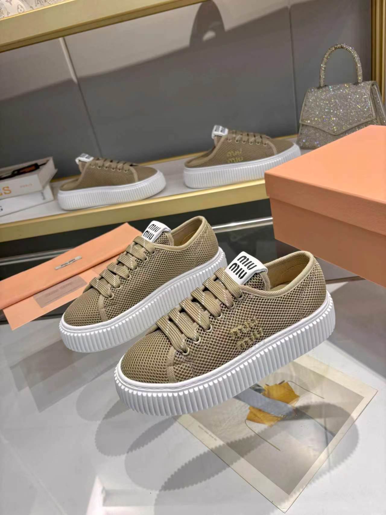 MIUMIU 26S SNEAKER 45MM IN OLIVE GREEN MESH FABRIC